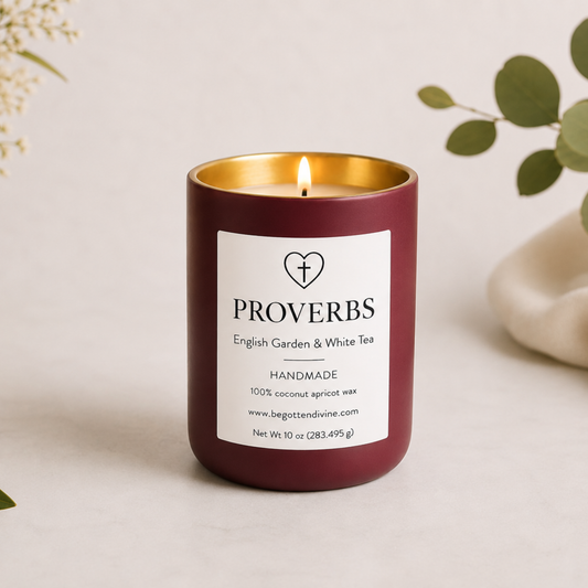 Proverbs Gold Vessel Candle – English Garden & White Tea.      10 oz